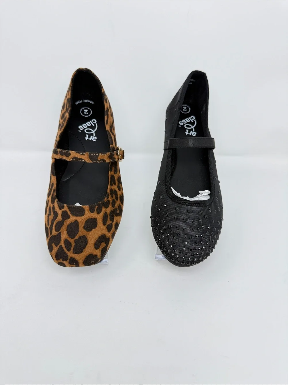 Art Class Girls Size 2 Mary Jane Flats 2-Pair Bundle Leopard Black Rhinestone